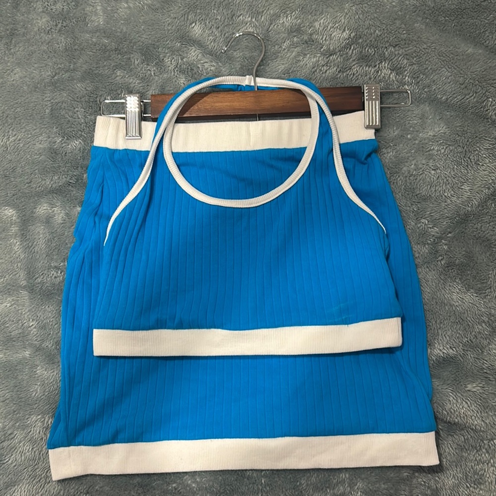 Blue 2 piece matching set. Shein XS crop top and Mini Skirt.